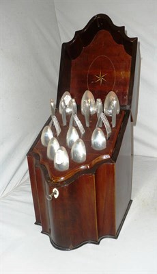 Lot 363 - A George III knife box with a selection of Georgian silver cutlery