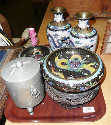 Lot 372 - A pair of cloisonne vases, two cloisonne bowls, a pewter tea canister and a crystoleum