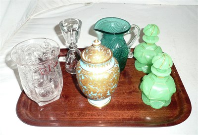 Lot 378 - Pair of green opaque glass scents, a Derby vase and cover, a double toasting glass, green glass jug