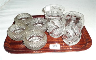 Lot 379 - Set of four cut glass salts another pair of cut glass salts and a pair of engraved bowls