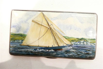 Lot 395 - A silver cigarette case with possible later enamel decoration of a ship