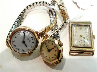 Lot 397 - A gents wristwatch stamped '375' and two lady's wristwatches stamped '375'