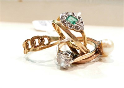 Lot 408 - An emerald and diamond cluster ring, two 9ct dress rings, a cubic zirconia ring and a cultured...