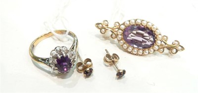 Lot 417 - A Victorian amethyst and split pearl brooch, an amethyst and diamond ring, and a pair of earrings