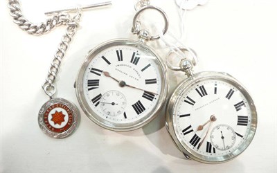 Lot 418 - A silver open faced pocket watch and a silver watch chain with an attached silver and enamel...