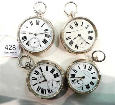 Lot 428 - Four silver open faced pocket watches, all four cases stamped with Chester hallmarks