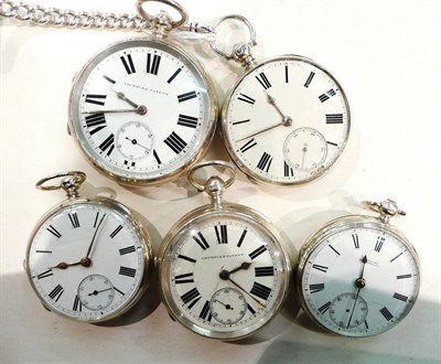 Lot 449 - Five silver open faced pocket watches and a silver watch chain