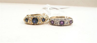 Lot 462 - A sapphire and diamond ring stamped '18CT' and a 9ct gold amethyst ring