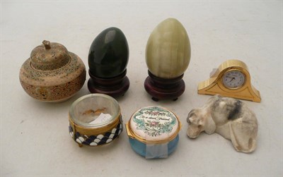 Lot 469 - Satsuma small lidded pot, two stone eggs with stands, gilt timepiece, Halcyon Days box, Russian...