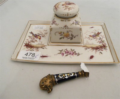 Lot 478 - Continental inkstand and a blue enamel and brass-mounted hand seal