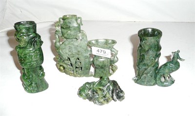 Lot 479 - A jade brushworker, two others and a small jade figure (4)