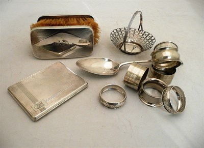 Lot 481 - A silver cigarette case, six silver napkin rings, four plated napkin rings, a bon-bon dish and...