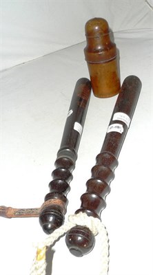 Lot 482 - Two truncheons and a treen jar and cover