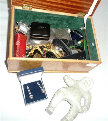 Lot 487 - Various costume jewellery, watches, coins, etc in a maple box and an Inuit stone figure