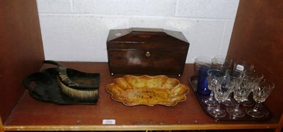 Lot 508 - A rosewood tea caddy, papier mache tray, papier mache crumb scoop and brush and assorted glassware