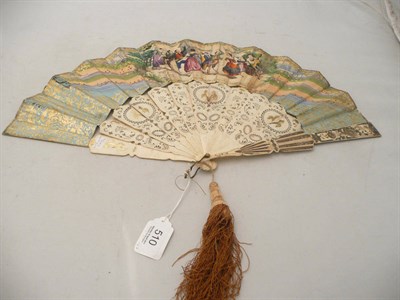 Lot 510 - 18th Century Carved Pierced and Painted Ivory Fan with a printed and painted paper mount...