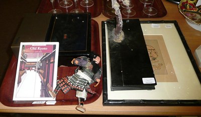 Lot 543 - Japanese figure by a tree on stand, lacquer box, chess pieces, Japanese print and a book 'Old...