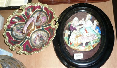 Lot 545 - A Vienna hors d'ouevres dish and a Continental glazed relief plaque of three figures