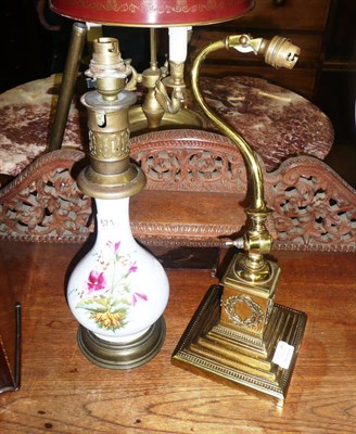 Lot 571 - Brass desk lamp on square base and a French blue porcelain table lamp