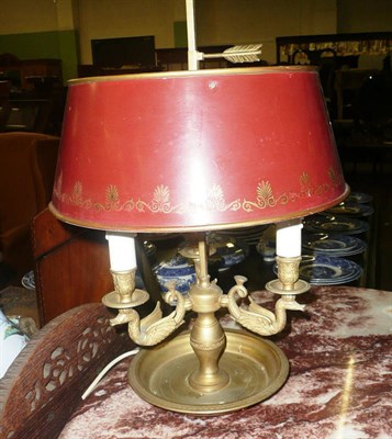 Lot 574 - Brass desk lamp with tole ware shade