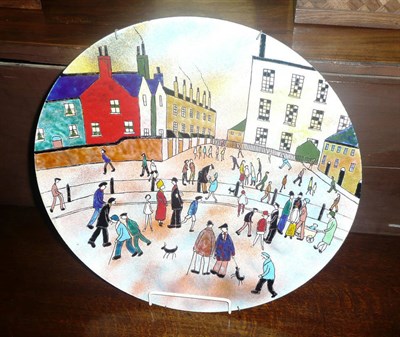 Lot 576 - Enamel dish by Richard Casey after Lowry