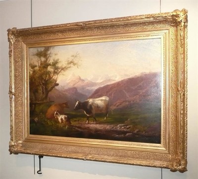 Lot 605 - Attributed to A de Bylandt, oil on canvas, cattle and goat in mountain landscape  By repute...