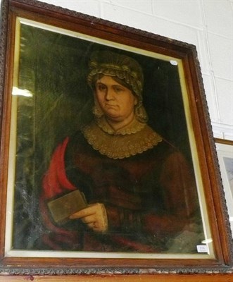 Lot 614 - Portrait of a lady wearing Victorian costume holding a book, oil on canvas