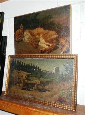 Lot 620 - Oil on canvas of a sleeping fox, signed and dated 1865 and a study of a cart (2)