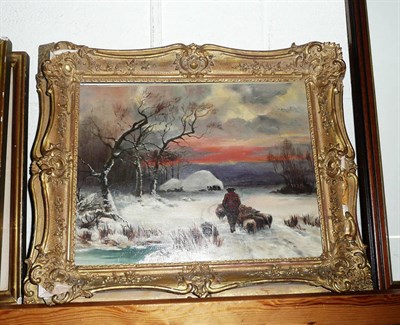 Lot 625 - Oil on canvas winter scene with shepherd and flock