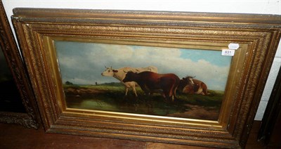 Lot 631 - Framed oil painting of cattle beside a pond with windmill beyond, in the style of William Luker Snr