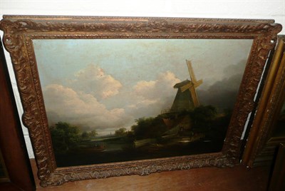 Lot 632 - Circle of Edward Charles Williams (1807-1881) River landscape with figures beside a windmill,...