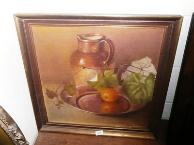 Lot 634 - Judith Bluck, still life of stoneware jug, orange and copper salver, signed, oil on canvas, 50cm by