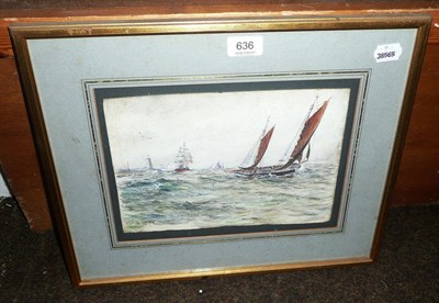 Lot 636 - After Abraham Hulk, A Fishing Boat off a Quay in choppy waters, signed, watercolour, 20cm by 19cm