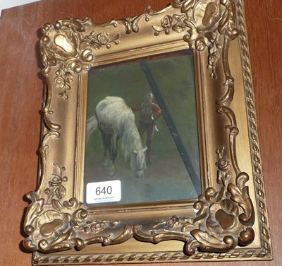 Lot 640 - Small oil on card by August Splitgerber 'Nachlass', a soldier and drinking horse