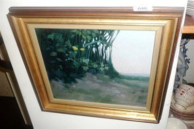 Lot 646 - Small oil on board by Norman Battershill 'Landscape with Buttercups'