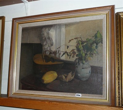 Lot 656 - Judith Bluck, still life with Mandolin, Vase and Melons, 39cm by 49cm