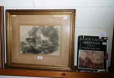 Lot 657 - Framed grey wash watercolour by Julius Caesar Ibbetson, three horses beside rocks and trees...