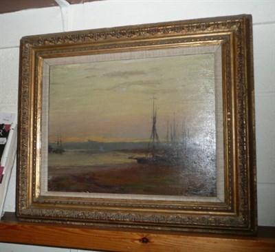 Lot 658 - JF Laidlaw, Sailing Boats Moored on an Estuary, signed, oil on canvas, 35cm by 45cm.