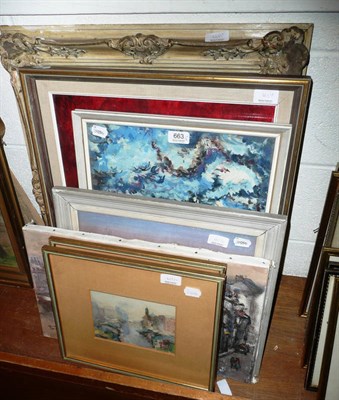 Lot 663 - An oil of clowns by Leibo, and another, stormy landscape by Stisser, street view by Terpsora...