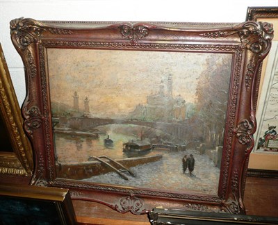 Lot 671 - S Funell, Winter Scene with Barges, Bridge, Riverbank, signed, oil on canvas, 44cm by 54 cm