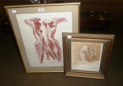 Lot 676 - Bluck, a framed charcoal sketch of nude figures together with a framed oil (possibly a self...