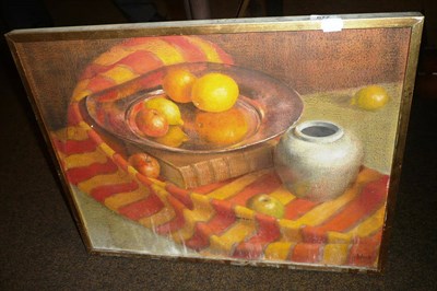 Lot 677 - Judith Bluck, still life of oranges, apples and lemons on a silver salver, signed oil on board