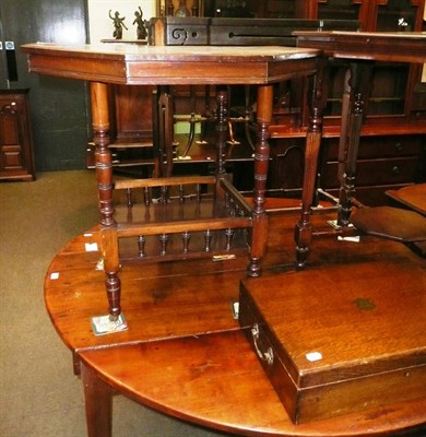 Lot 738 - A hexagonal mahogany occasional table, a mahogany tripod table and a oak canteen box