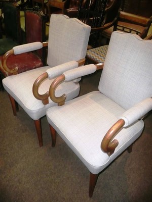 Lot 786 - Pair of open armchairs in oatmeal with shepherd's crook arms