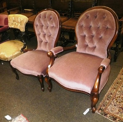 Lot 801 - Upholstered low elbow chair and matching nursing chair, two upholstered tub chairs and a salon...