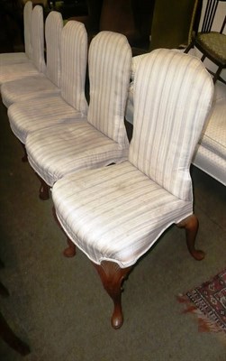 Lot 805 - Set of six side chairs by Waring in cream brocade on shell-carved walnut legs