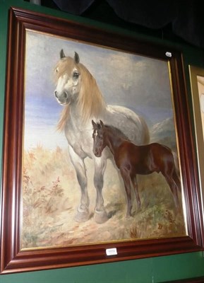 Lot 1050 - Lillian Cheviot - mare and foal in a landscape, oil on canvas