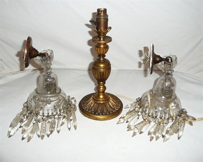 Lot 1 - Gilt metal table lamp and two glass basket light fittings
