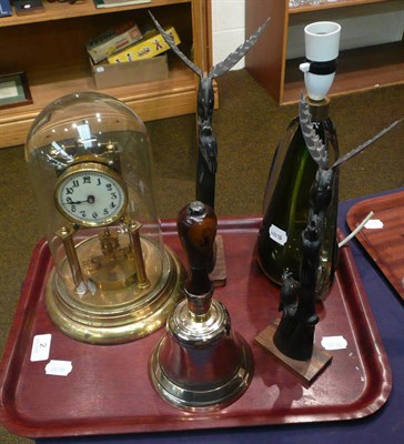 Lot 2 - Brass handbell, two horn carvings, anniversary clock and modern glass table lamp
