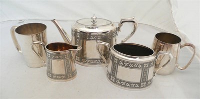 Lot 8 - Plated three piece tea service and two plated tankards